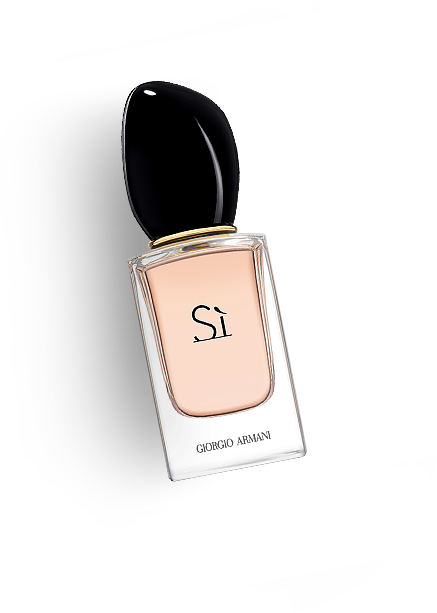 Perfume Sí da marca Giorgio Armani. A embalagem é rosa e quadrada e a tampa é preta e arredondada.
