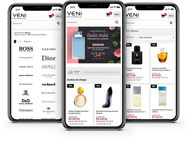 Três telas de smartphone, uma ao lado da outra, mostram páginas do site da Vení Perfumaria com marcas de perfume e frascos.