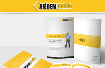 Na foto é apresentada a identidade visual da Aiédem perfis nas cores branco e amarelo com opções de folhete para os serviços prestados pela marca