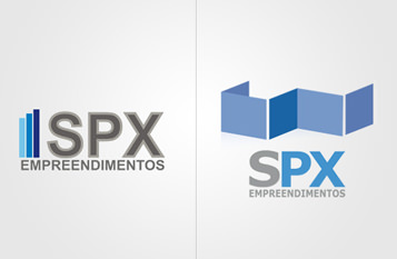 Logo SPX Empreendimentos mostra o nome da empresa escrito nas cores cinza e azul sob fundo branco brilhoso