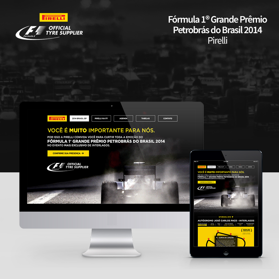 Tela de computador e iPad apresentam o projeto digital desenvolvido para a Pirelli com detalhes em preto, cinza e amarelo.