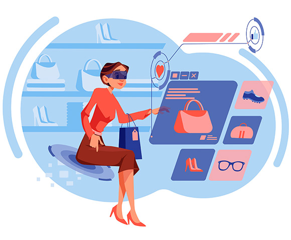 Ilustração de mulher sentada interagindo com ícones virtuais representando no e-commerce no Metaverso